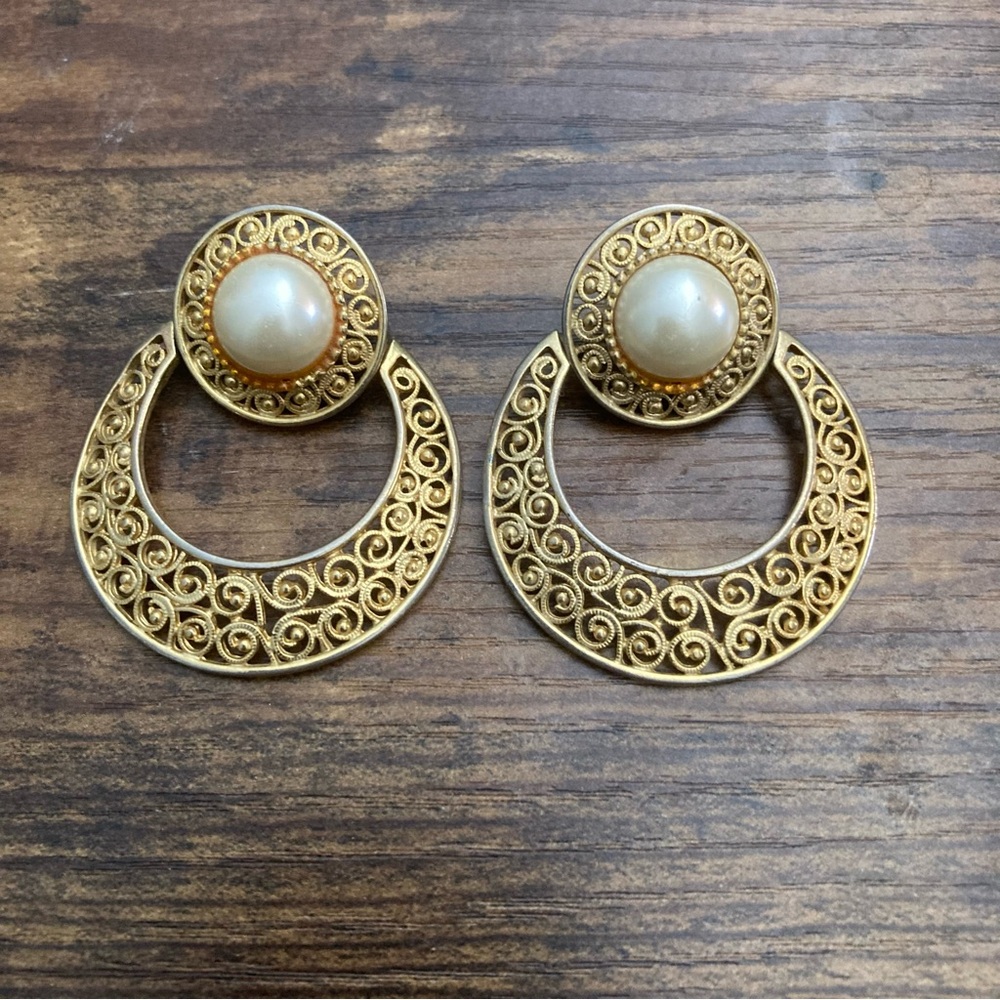 Vintage Goldtone Filigree and Pearl Statement Earrings 2” Costume Jewelry